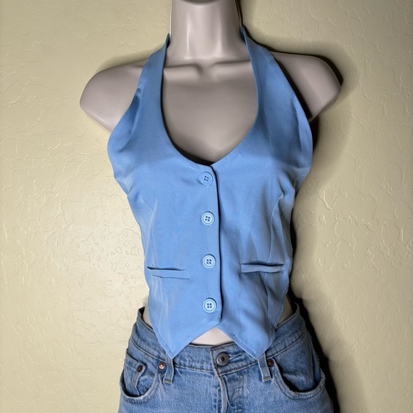 PrettyLittleThing Light Blue Halter Vest Style Tank Top Size 2 - Picture 2 of 8